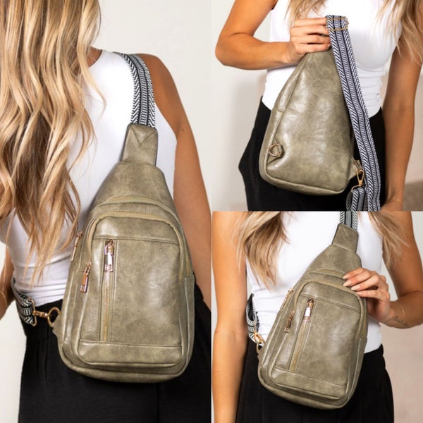 Crossbody sling - v&auml;ri khaki hieman savun harmaaseen taittava s&auml;vy.